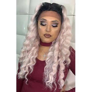 LIGHT PASTEL PINK Swiss Lace Front Wig * Long Crimp Waves Hair * HARLEM 125